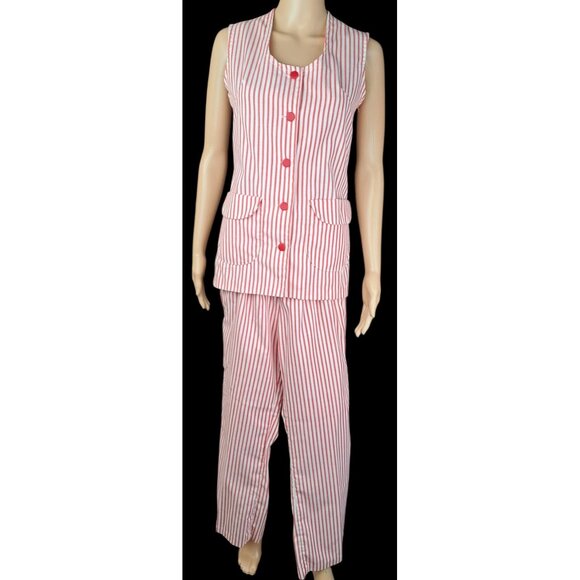imperial Pants - Vintage Candy Striper Uniform 1970s Red White Top Pants Hat 3 Piece Set Imperial